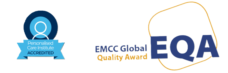 Personal Care Institute Accredited; EMCC Global Quality Award A certification badge and the EMCC Global Quality Award logo.